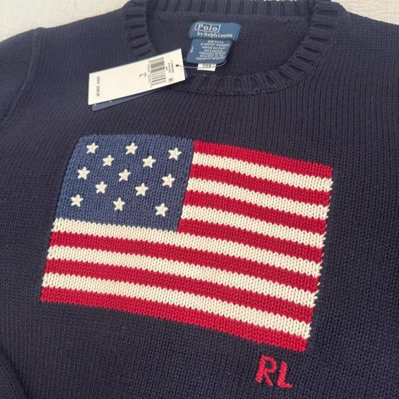 Polo by Ralph Lauren Navy Crewneck Sweater with Flag. Size L. Unisex - Picture 3 of 8